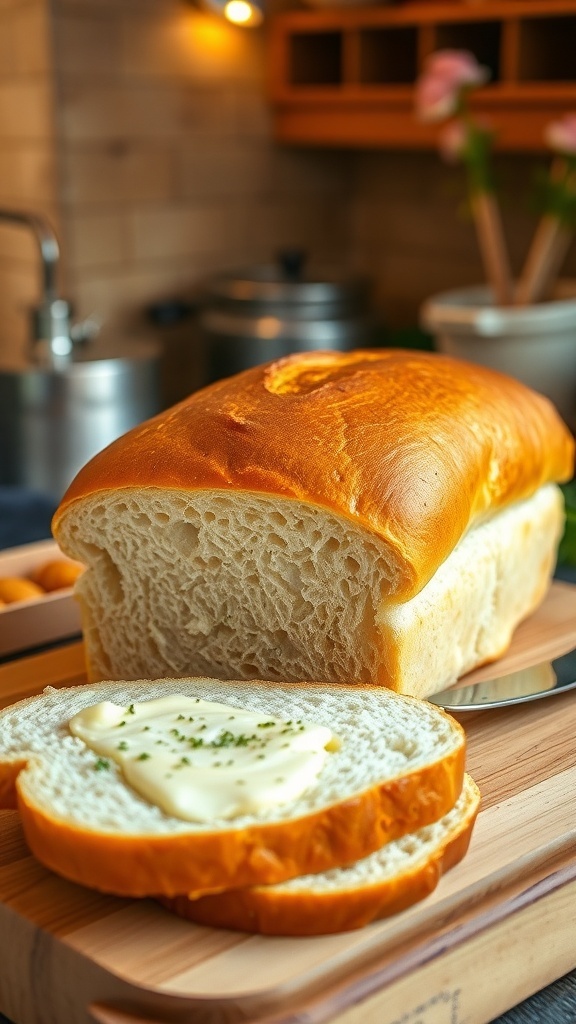 A loaf of homemade sandwich bread without honey, sliced to show its fluffy texture, on a wooden cutting board.
